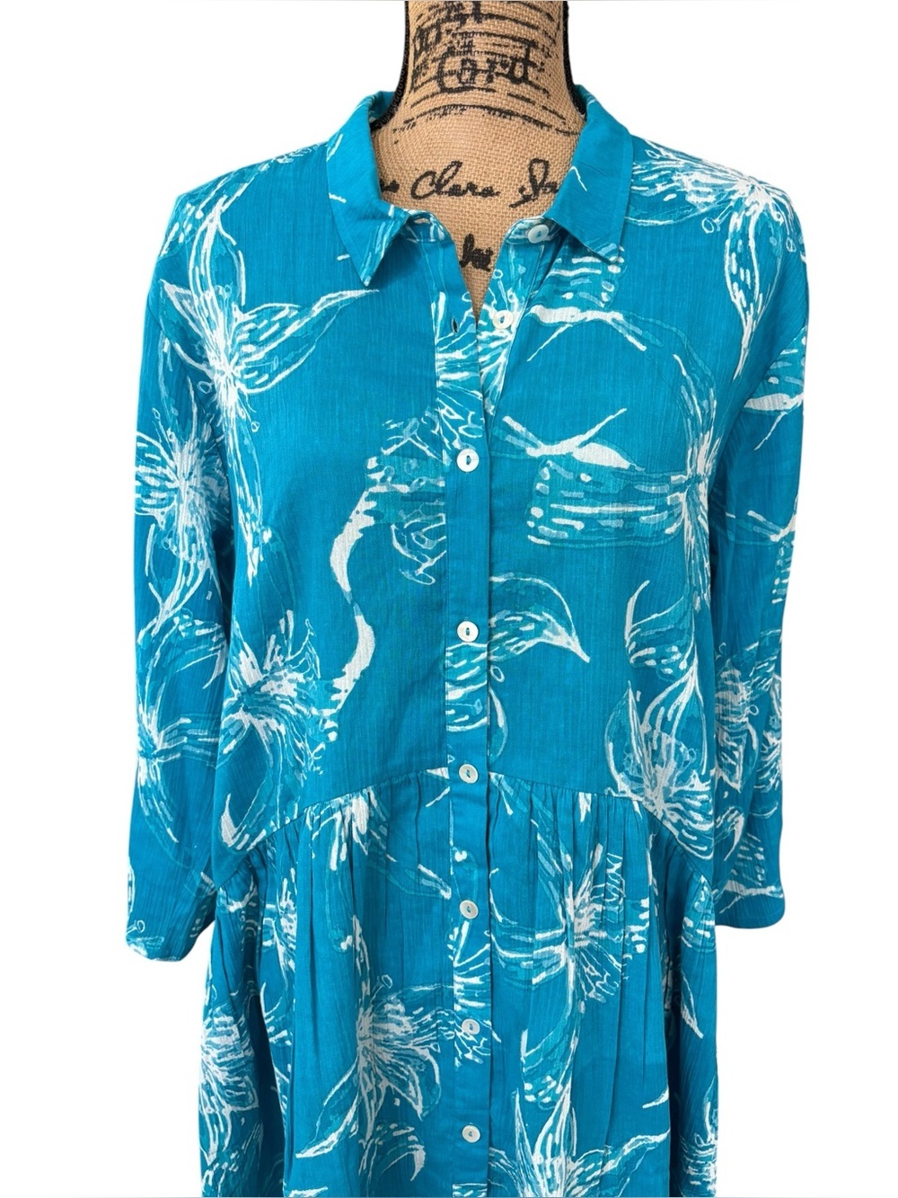RO'S GARDEN Deauville Floral Mini Dress Button Front Collared Cotton Teal Large - Picture 5 of 9